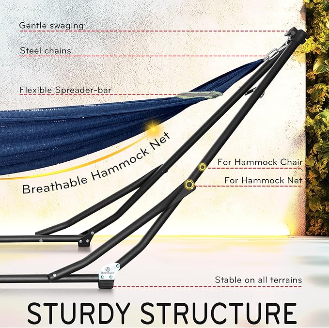 Tranquillo UniGen Hammock Hammock with Stand Heavy Duty Indoor/Outdoor Hammock with Signature Steel Stand 600lbs Premium Foldable Durable 2-Layered Soft Polyester Aegean