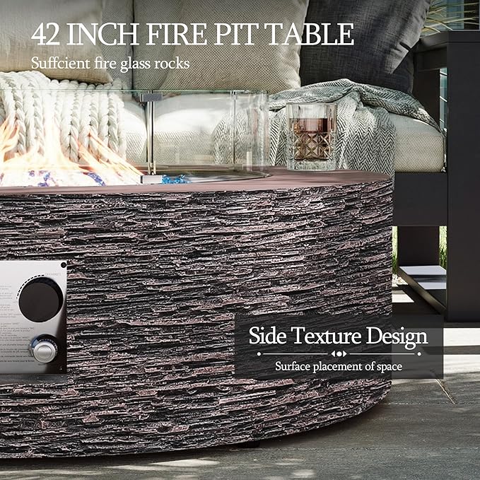 UPHA 42-inch Outdoor Propane Gas Fire Pit Table 50000 BTU Concrete Round FirePit for Outside Patio with Propane Tank Cover Wind Guard Blue Glass Rocks Rain Cover Reddish Brown