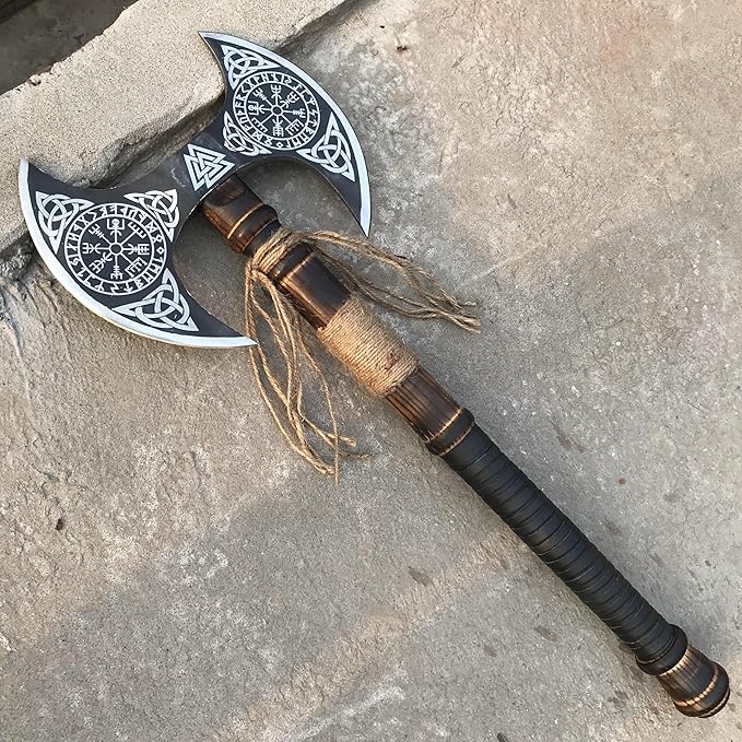 viking tools AxesFunctional Axe Bushcraft Axe Hatchet for Hunting Bearded Axe Double Head Axe Tool with Free Leather Sheath dd007 Black/Sliver (Viking Double Bit Axe)