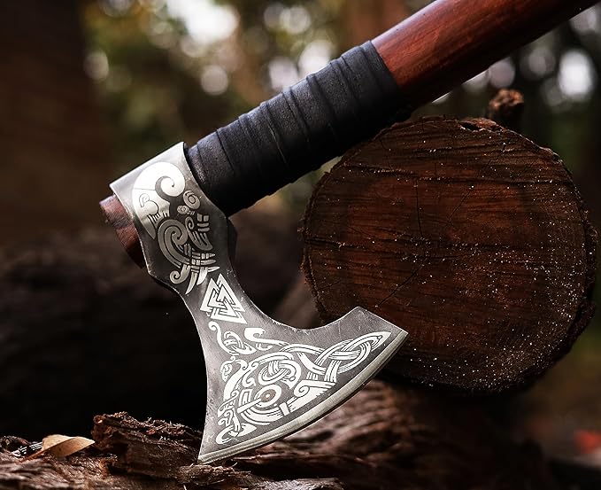 Viking Axe | 18 Carbon Steel Throwing Hatchet with Ash Wood Handle &amp Leather Sheath | Etched Norse Design Functional &amp Collectible Gift(WCA-017)
