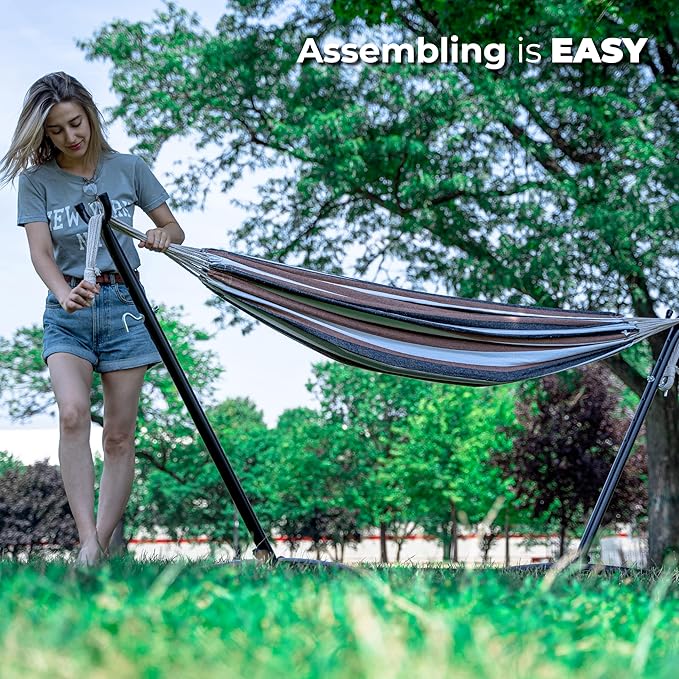 Backyard Expressions Double Camping Hammock with Steel Stand &amp Carrying Bag Adjustable Height Ultra Soft Cotton Blend 550 lb Capacity Indoor &amp Outdoor Portable Hammock