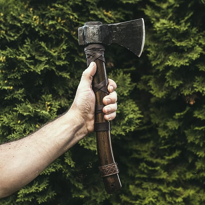Norse Tradesman 14 Viking Throwing Axe - Carbon Steel Head Teakwood Handle Brown Regulation Size Includes Leather Sheath