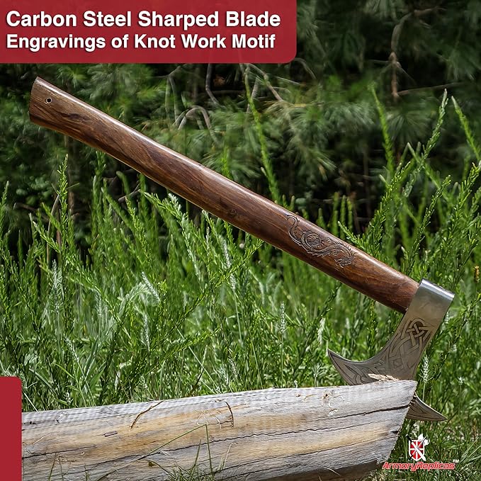 Armory Replicas™ Dragon Slayer Viking Battle Axe – 23 Carbon Steel Beheading Axe w/Knot Motif Sheesham Wood Handle Options – Rustic Brown Finish Functional Crescent Blade