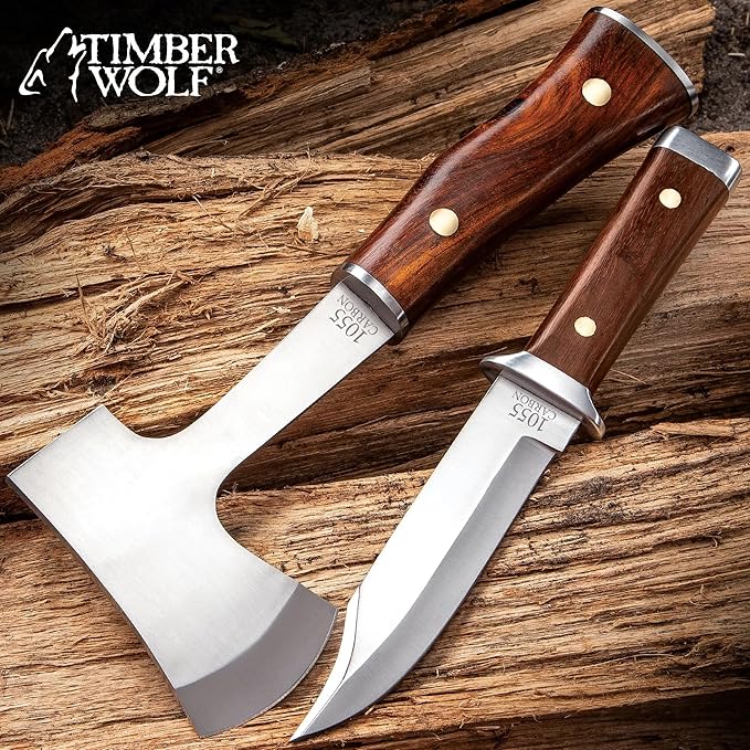 Timber Wolf Expedition Set | 5 1/2 Knife Blade | 10 Knife Overall | 4 1/4 Axe Head | 11 Axe Overall | Wooden Handles | 1055 Carbon Steel | Includes Premium Dual Leather Sheath