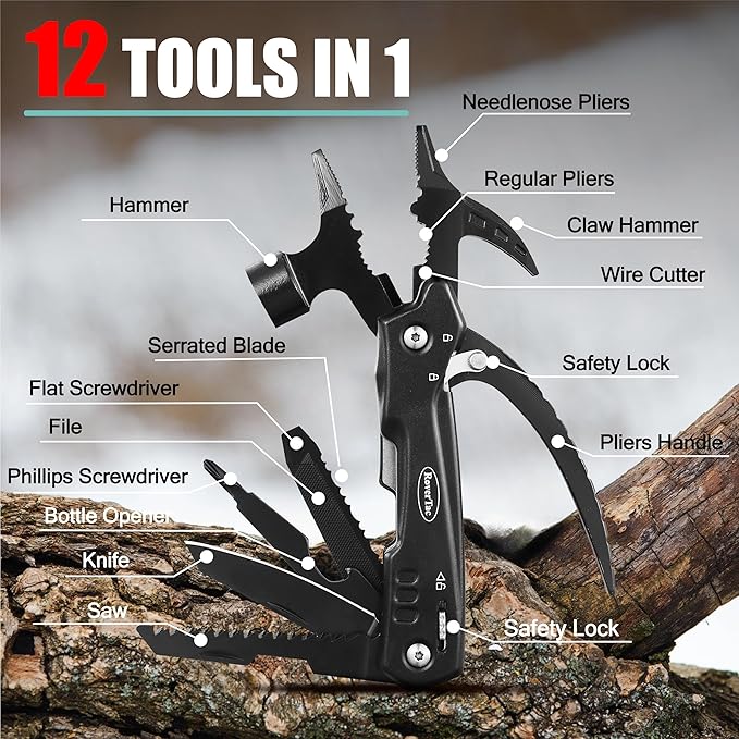 RoverTac Multitools Gift Set – 12-in-1 Multi Tool Hammer LED Flashlight Utility Knife in “I LOVE YOU” Gift Box – Tool Gift for Husband Boyfriend Him Men – Camping Gear &amp Survival Tools