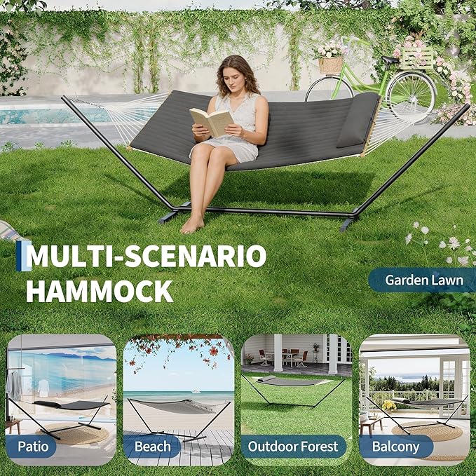 Double Hammock with Stand Curved-Bar Hammock 450LBS Capacity 2 Person Large Hammock Indoor and Outdoor Hammock Perfect for Backyard Patio Beach