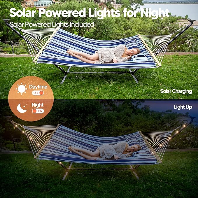 SUNCREAT Double Backyard Hammock with Solar Powered Lights for Outside 475 lbs Capacity Heavy Duty Self Standing Hammock with 12 ft Stand Blue