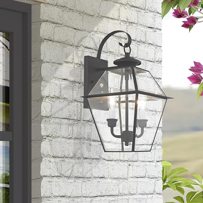 Livex Lighting 2281-04 Westover 2 Light Outdoor Black Finish Solid Brass Wall Lantern with Clear Beveled Glass
