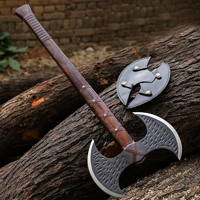 SHINY CRAFTS® Handmade Viking Axe Hatchet Norse Axe- 40 Long Two-Handed Berserker Hatchet Forged Axe - Bearded Axe - with Sheath (Brown-VBA-22)