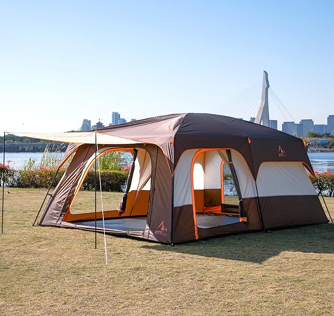 KTT Extra Large Tent 6-10-12-14 Person(A)Family Cabin Tents2 Rooms3 Doors and 3 Windows with MeshStraight WallWaterproofDouble LayerBig Tent for OutdoorPicnicCampingFamily Gathering