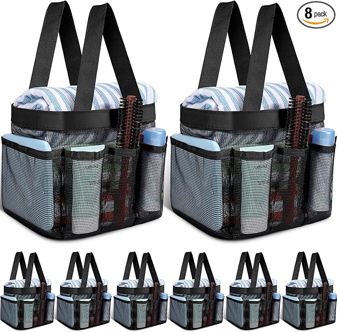 8 Packs Mesh Shower Caddy Portable Large Shower Caddy Dorm with 8 Pockets and Handles Quick Dry Shower Bags Hanging Bath Bag Dorm Room College Essentials for Bathroom Gym Camp (Black)