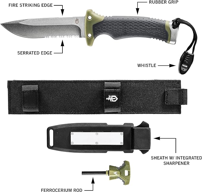 Gerber Gear Ultimate Survival Knife Fixed Blade Knife with Combo Edge includes Fire Starter Edge and Ferro Rod Whistle Sheath with Integrated Sharpener - Bushcraft Hunting and Camping Tool