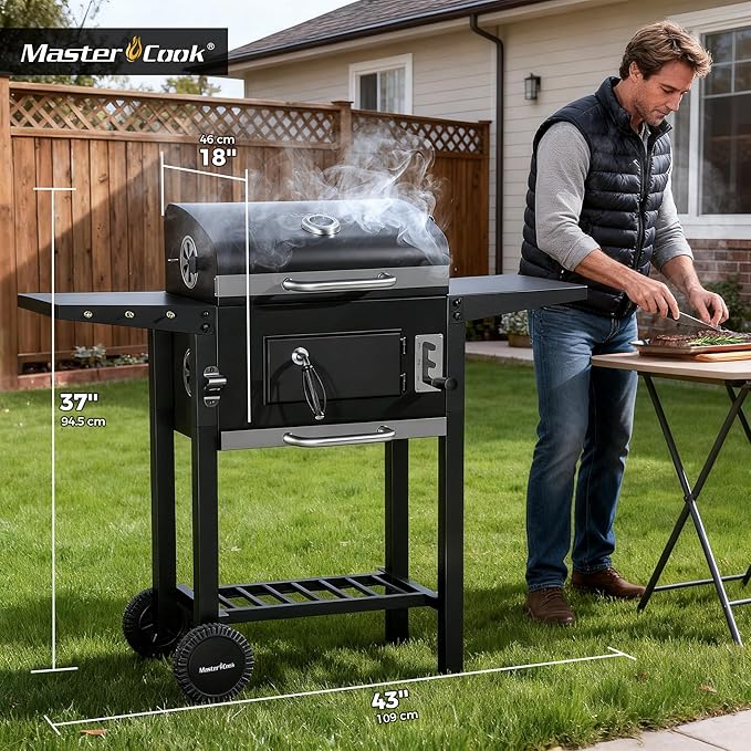 MASTER COOK Charcoal Grills with Two Foldable Side Tables 353 Sq.In Cooking Area Outdoor Smoke Barbecue bbq Grill for Camping Backyard Party Patio Picnic Garden Black18D x 43W x 37H