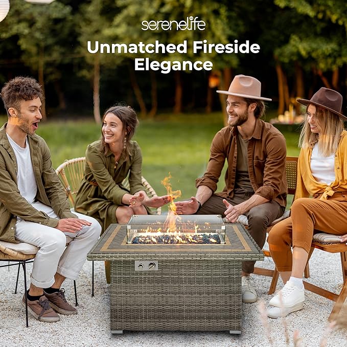 SereneLife Sturdy Wicker Base Propane Fire Pit Table with Tile Top Patio Heater &amp Propane Heater Sliding Door Stainless Steel Burner Tempered Glass Wind Guard 50000 BTU Weather Resistant