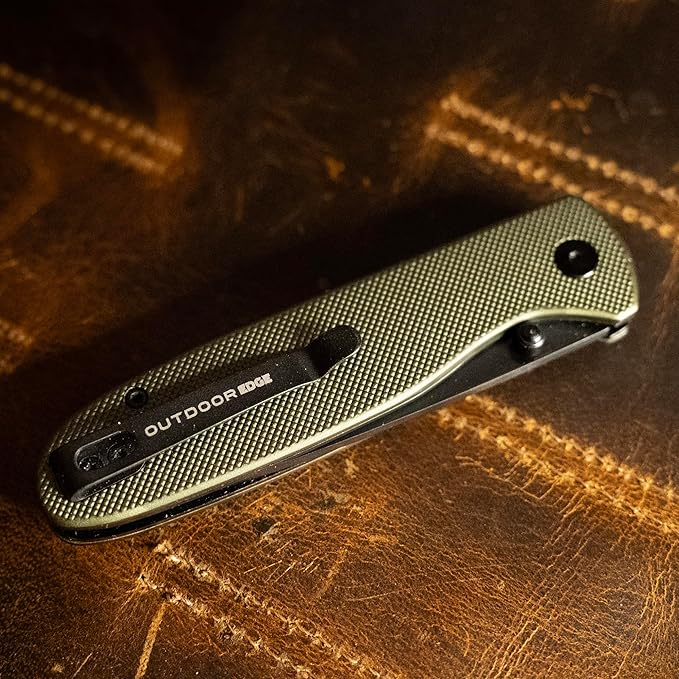 OUTDOOR EDGE Dirk 3.25 Black Drop Point Blade - Green Aluminium Scales Handle with Button Lock Operation Ambidextrous Opening Perfect for Men &amp Women Lightweight for Camping Fishing &amp Hunt