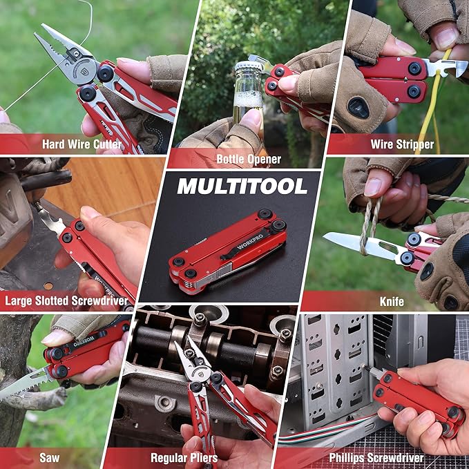 WORKPRO 24-in-1 Mutitool Stainless Steel Multitool Pliers with Pocket Knife and Screwdrivers EDC Self-locking Multi Tool with Sheath Belt Clip for Outdoor Activities Gifts for Men Red