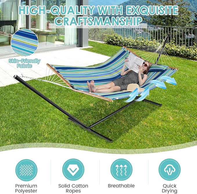 Tangkula 10.5FT Double Hammock Heavy Duty Outdoor Hammock with Curved Spreader Bars Detachable Pillow 2 Person Hammocks for Outside Porch Patio (Stand is not Included) (Blue+Green)