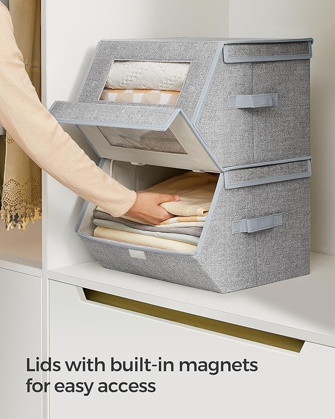 SONGMICS Stackable Storage Bins Set of 2 Storage Boxes with Lids and Front Windows Non-Woven Fabric Closet Organizers with Magnetic Closures Side Handles Dove Gray URLB002W01