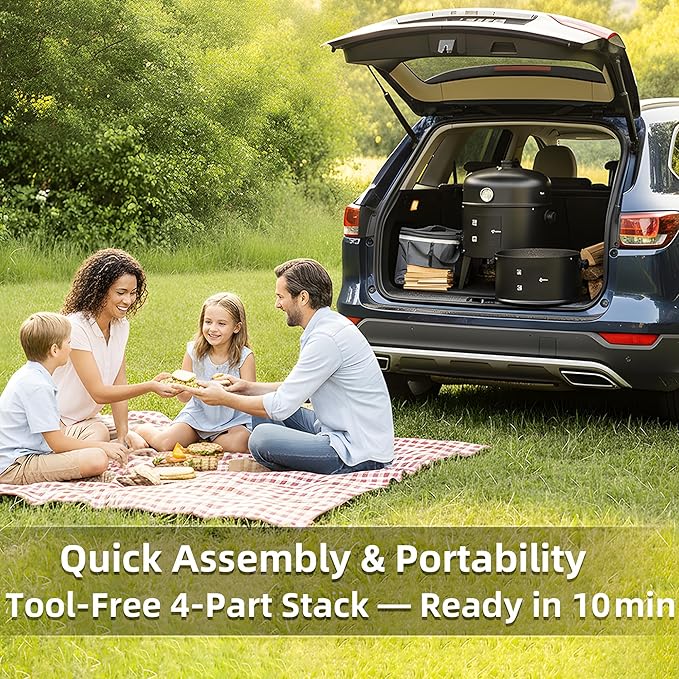 16 Inch Charcoal Smoker 3-in-1 Meat Smoker Grill with Thermometer &amp Dual Cooking Racks Portable Outdoor BBQ Smoker with 2 Access Doors Easy to Clean for Backyard Camping &amp Parties