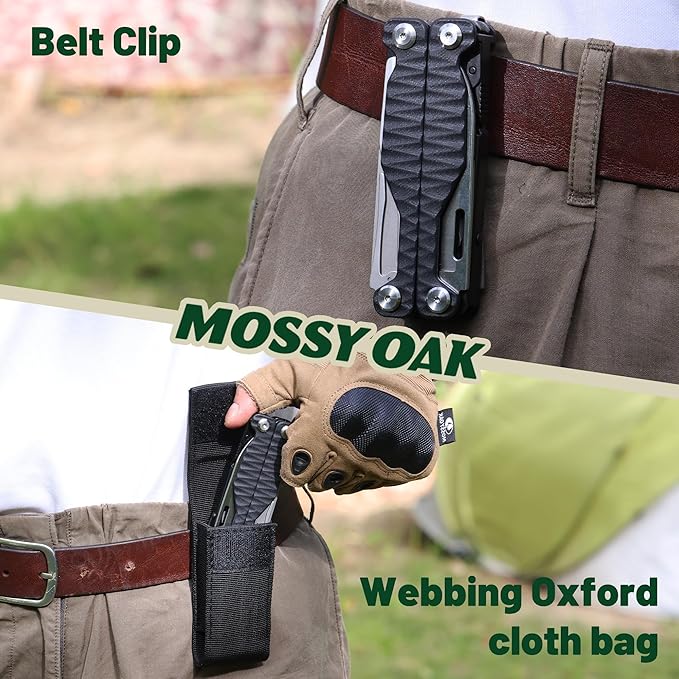 MOSSY OAK Multitool 17-in-1 EDC Multi Tool with CNC-Machined Steel Pliers G10 Anti-Slip Handle Nylon Sheath &amp Belt Clip – Durable MultiTool for Camping Hiking Hunting Survival and Everyday
