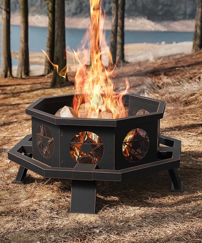 35 inch Fire Pit Large Firepits for Outside Wood Burning Fire Pits with Cooking Grill Outdoor Fire Pit Octagonal Heavy Duty Firepit with Poker for Bonfire Backyard Patio Bronze