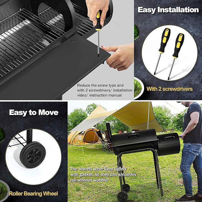 Joyfair Charcoal Grill with Offset Smoker Camping Barbecue Grill with Side Fire Box for Outdoor BBQ Smoking/Backyard Party Grilling Thick Iron Steel &amp Dual Chamber Design Thermometer &amp Chim