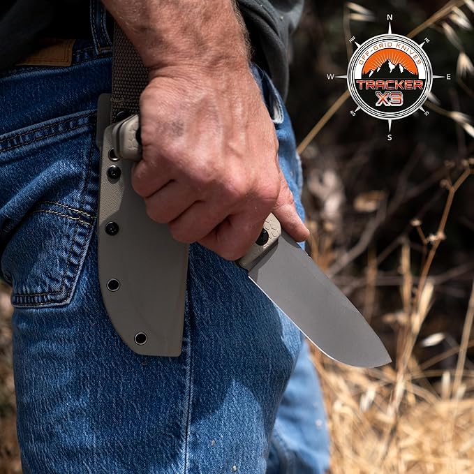 Off-Grid Knives - TRACKER-X3 Fixed Blade Knife Cryo D2 Blade Steel G10 Scales Kydex Sheath OG Lo-Pro Belt Attachment Camping Bushcraft Hunting Survival (Coyote)