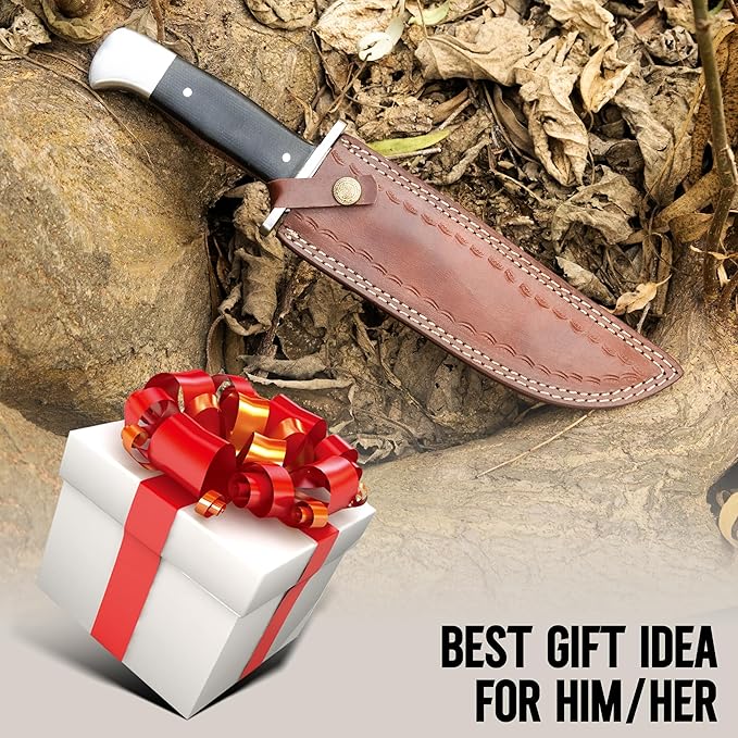 D2 13 Inch Full Tang Fixed Blade Bowie Knife with Leather Sheath - Suitable for Outdoor Bushcraft Survival and Camping Knife with Black Micarta Handle