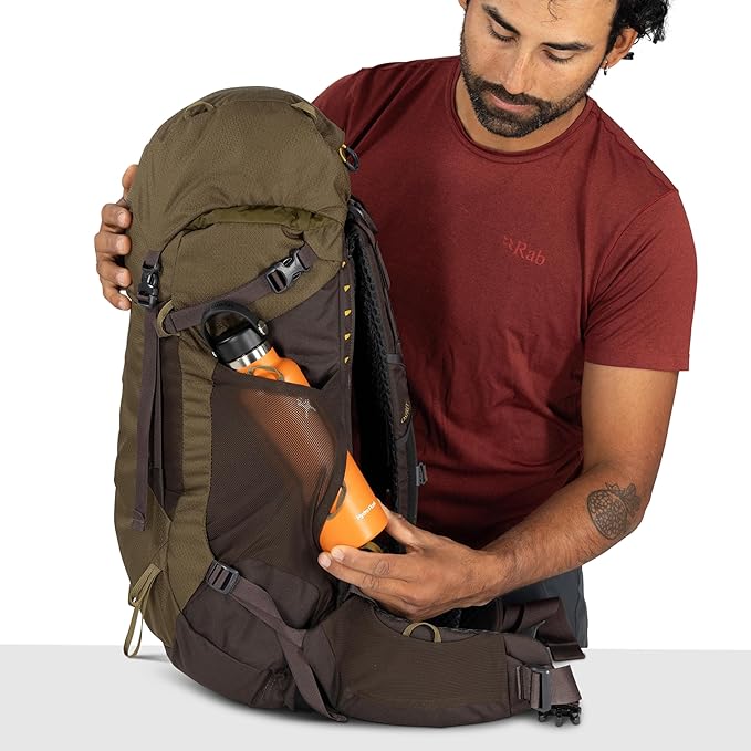 Osprey Kestrel LT 35L Men's Backpacking Backpack - Lightweight Hiking &amp Camping Bag with Waterproof Raincover Olive Tan