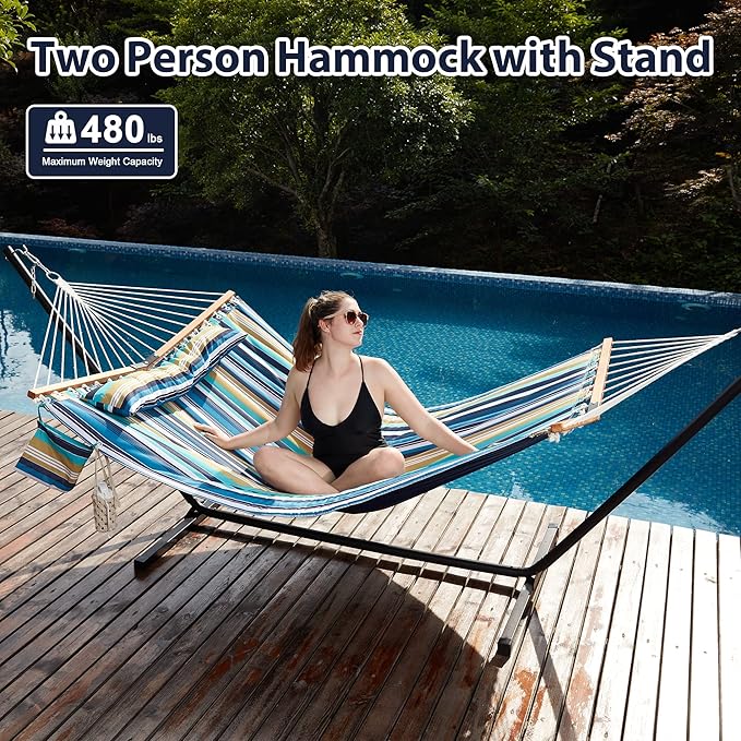 Homgava Two Person Hammock with Stand for Outside Heavy Duty Outdoor Patio Hammock with Portable Steel Stand Large Double Hammocks480lbs Capacity.(Middle Blue Stripes)