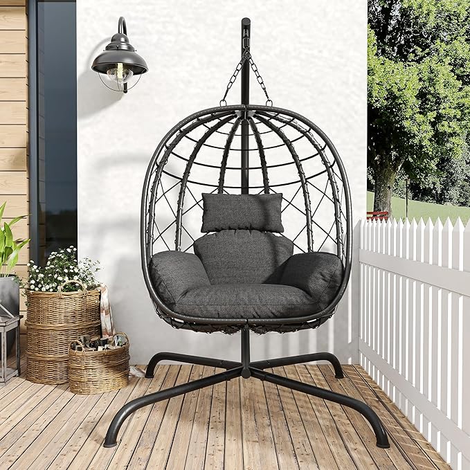 Hanging Egg Chair with Stand Patio Wicker Rattan Swing Chair Hammock Egg Chair for Indoor &amp Outdoor 400lbs Capacity with Thickened Cushion for Bedroom Balcony Garden