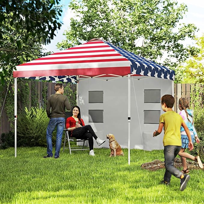 10x10 Pop-Up Canopy Tent Including FFor rame Support Sidewall Panels Integrated Storage Pockets Height Adjustable Feature American Flag Graphic Display