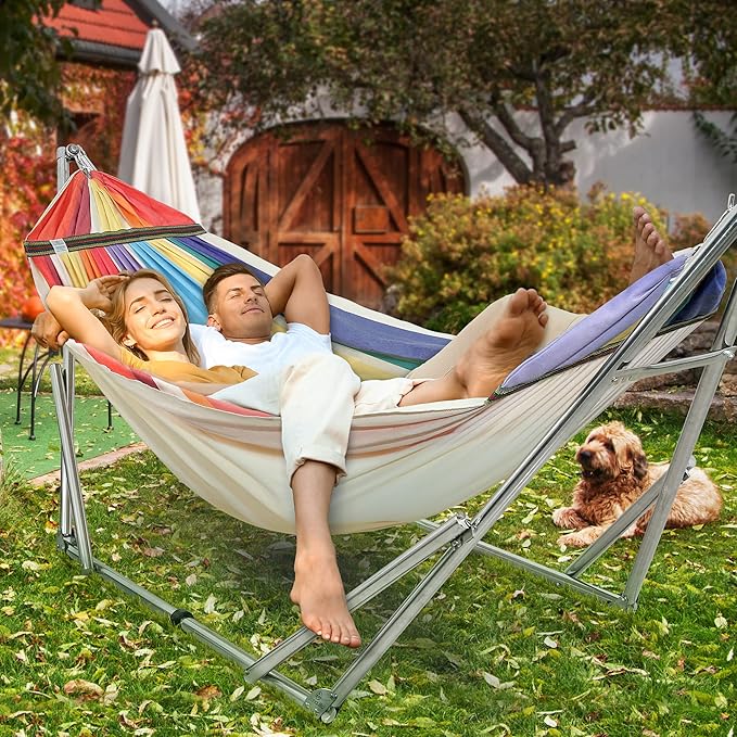 Tranquillo Double Hammock with Stand 550lb Capacity Double Hammock with Spreader Bar Solid Grade 201 Stainless Steel 30s Set Up Sturdy Flexible Hammock Stand Portable Outdoor Indoor Rainbow