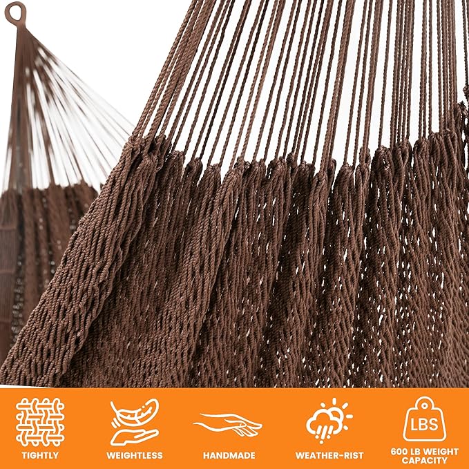 Lazy Daze Hammocks Handwoven Mayan Hammock 10.5 FT Soft Rope Double Hammocks Portable Outdoor Hammock with Carry Bag 2 Straps &amp Carabiners for Patio Outside 550 lbs Weight Capacity Coffee