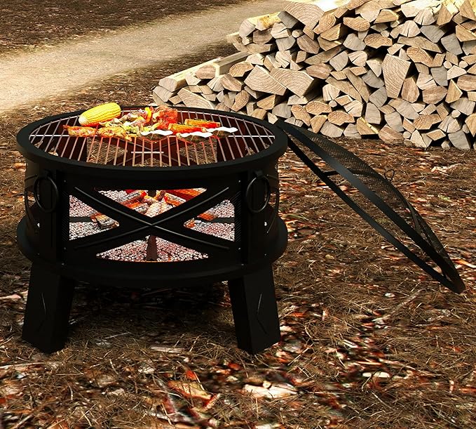 Fire Beauty 26Steel Fire Pit with Grill Grate&ampSpark Screen360° Airflow Boost TechnologyLess SmokeLarger FlamesHeavy-Duty Portable Camping Fire Pit for BackyardBeachRV (22lbs4 HandlesDual-