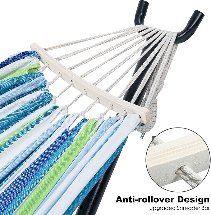 GAFETE Double Hammock with Stand for Outside Upgraded Spreader Bar Heavy Duty Space Saving Steel Stand 2 Person Convenient Pockets Easy Assembly 600lbs Weight Capacity Indoor &amp Outdoor (Lago