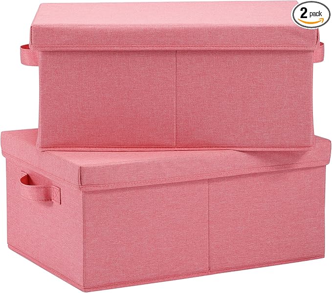 HOONEX Linen Foldable Storage Bins with Lids 2 Pack Storage Boxes with Carrying Handles and Sturdy Heavy Cardboard 16.5 L x 11.8 W x 7.5 H for Shoes Books Clothes Nursery Pink