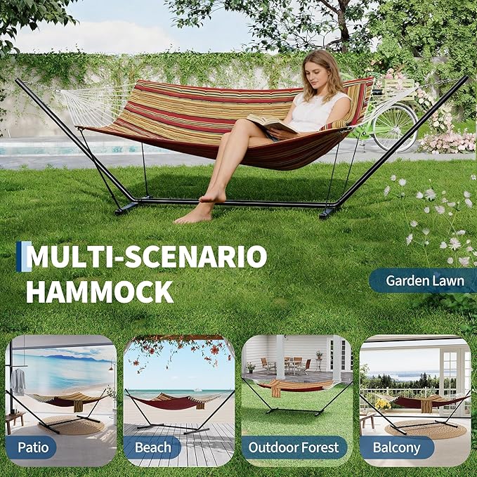 2 Person Double Hammock with Stand &amp Pillow 450 LBS Heavy Duty Outdoor Hammock with Balance Rope for Patio Backyard Poolside