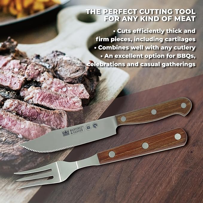 Lodge Steak Knife &amp Fork Set – Serrated Blade – Molybdenum Vanadium Stainless Steel - Layered Oak Wood Handle - Excellent choice for informal or formal BBQs - Set includes 1 Knife &amp 1 Fork