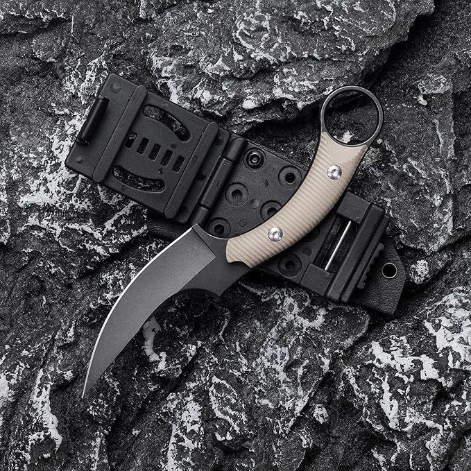 Fixed Blade Knife D2 Steel Blade and G10 Handle Utility Claw EDC Knife for Outdoor Survival Hiking Camping with Kydex Sheath OK1220 (Sand)