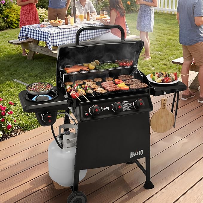 Feasto 3 Burner Propane Gas Grill with Side Burner Porcelain-Enamel Main Body and Lid Propane BBQ Grill with 38000 BTUs Output &amp Side Table for Patio Backyard Poolside Gatherings