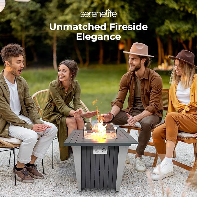 SereneLife Propane Fire Pit Table 50000 BTU with Sturdy Metal Frame Stainless Steel Fire Pan Decorative Glass Rocks Weather Cover CSA Certified for Patio Backyard or Garden Use