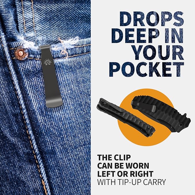 Off-Grid Knives - Rapid Fire Blackout - Large Folding Knife for Camping &amp EDC Cryogenic D2 Blade Steel Titanium Nitride Coating with G10 Scales &amp Deep Carry Clip