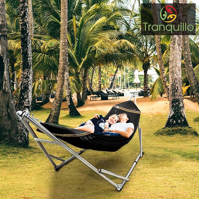 Tranquillo Adjustable Hammock Stand Collapsible Camping Hammock and Stand 650 lbs Capacity Deluxe Double Hammock Stand for 2 Persons Portable Everywhere Easy Assembly Non-Slip and Noise-Free Black