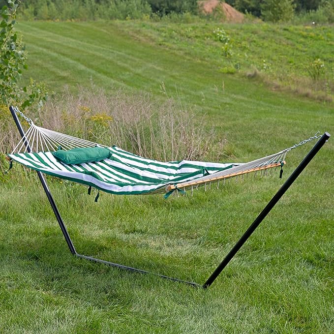 Sunnydaze Rope Hammock with Stand for Outside- 275-Pound Capacity - Includes 12-Foot Hammock Stand Spreader Bar Pad and Pillow - Green &amp White Stripe
