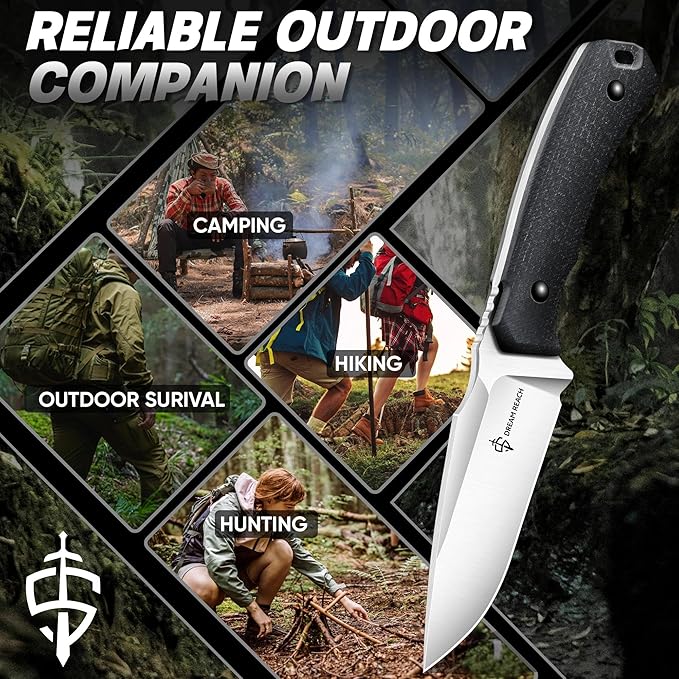 Dream Reach Fixed Blade Knife - D2 Steel Tactical Knife with Ergonomic Full Tang Handle and Kydex Sheath for Outdoor Camping Survival Gift for Men Women Black