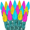 70 Light 24Ft Spring Easter Lights Commercial String Lights C6 LED Strawberry Faceted Bulb – Yellow/Teal/Pink Green Wire Indoor/Outdoor Full Wave No Flicker Connect 43 Sets