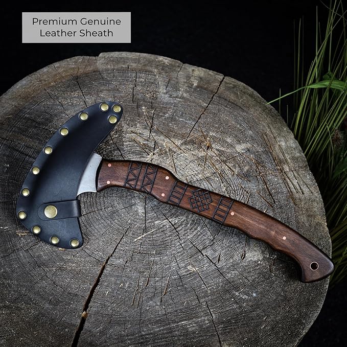 AncientSmithy Tactical Tomahawk Full Tang Camping Axe Outdoor Hatchet for Chopping with Tribal Engraving (14'' Blade with Spike and Sheath)