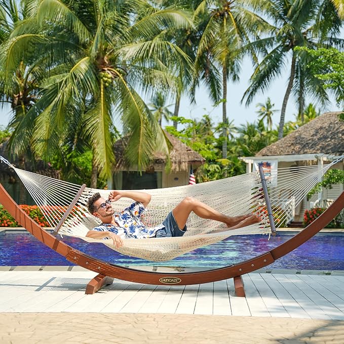 Lazy Daze Hammocks 10.5 FT Double 2 Person Caribbean Rope Hammock Hand Woven Polyester Hammock with Spreader Bars for Outside Outdoor Backyard Patio Poolside 450 LBS Capacity Cream