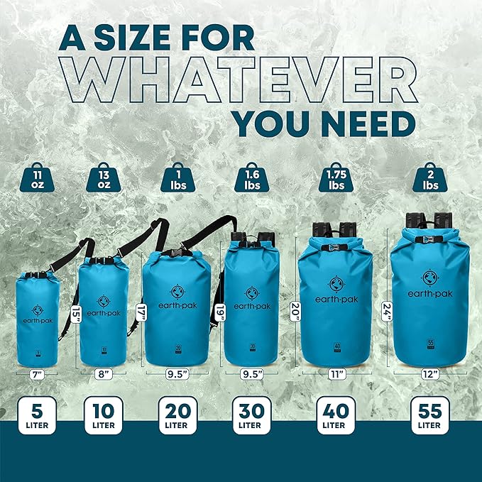 Earth Pak Waterproof Dry Bag - Roll Top Waterproof Backpack Sack (Light Blue 20L &amp 55L)